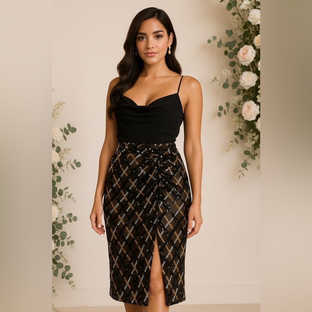 NWOT Dress the Population Black Mesh Overlay Sequin Skirt Size Extra Small.
